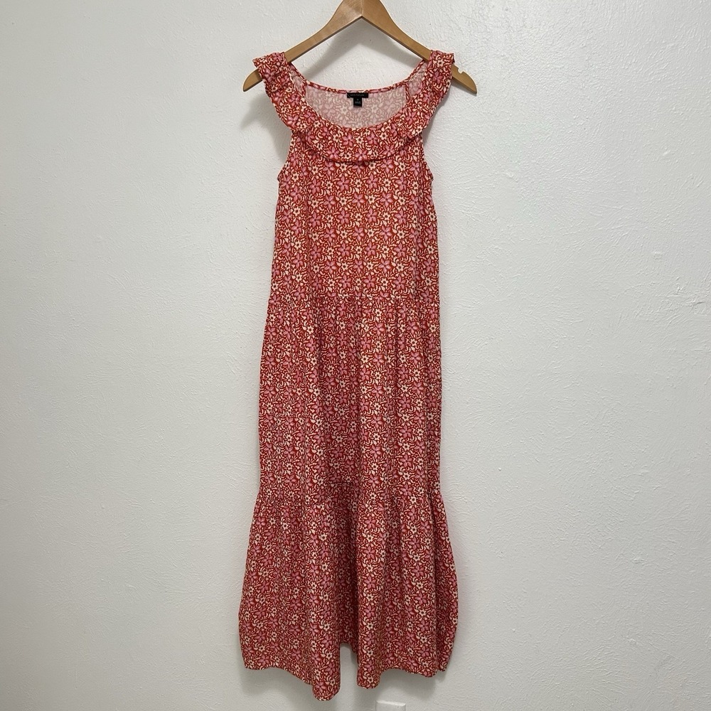 Ann Taylor Dress Orange Floral Sleeveless Tiered Ruffle Neck Maxi Peasant Sz XS‎